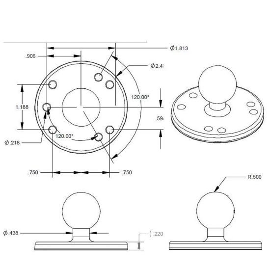 Preview: RAM Mounts Basisplatte rund - B-Kugel, Platten-Durchmesser 63,5 mm, AMPS-Lochraster